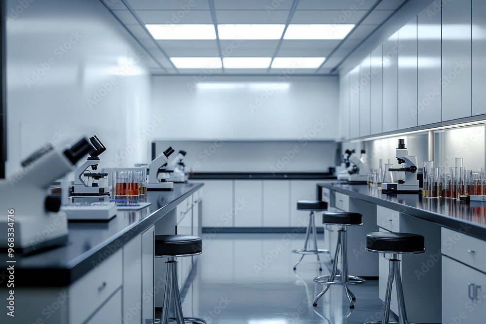 A modern laboratory featuring microscopes, test tubes, and a clean, organized workspace for scientific research and analysis. A modern laboratory featuring microscopes, test tubes, and a clean, organized workspace for scientific research and analysis.
