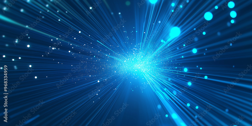 Naklejka premium Abstract blue light beams streaking out from center surrounded by particles