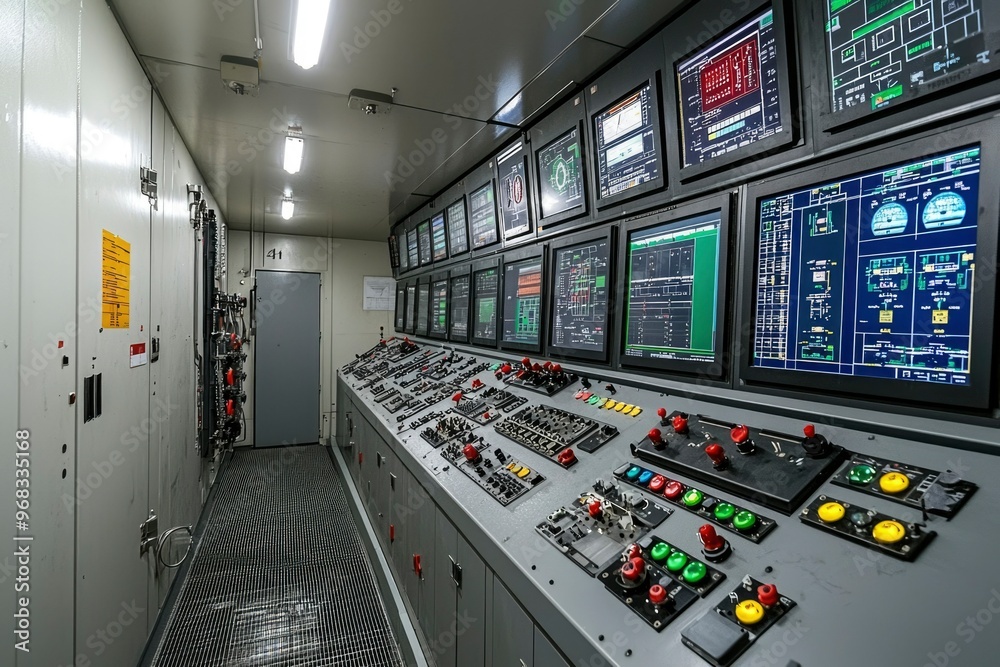 Industrial Control Room with Monitors and Buttons Industrial Control Room with Monitors and Buttons