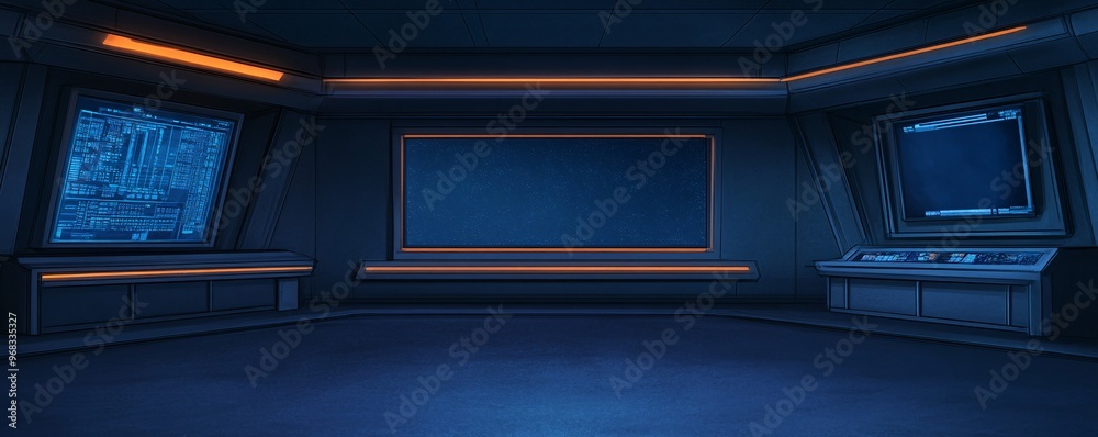 Futuristic control room with blue glowing lights and dark metallic colors.