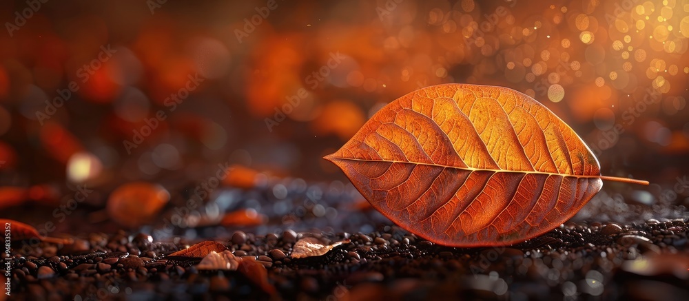 Closeup of a vibrant orange autumn leaf lying on the textured dried ground with a warm glowing sunlight illuminating the scene The fallen foliage creates a peaceful natural background Closeup of a vibrant orange autumn leaf lying on the textured dried ground with a warm glowing sunlight illuminating the scene The fallen foliage creates a peaceful natural background