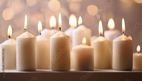 Flame of many candles burning on the background blue color