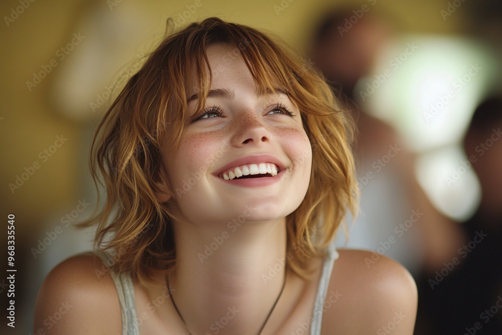 A joyful young woman with light brown hair and freckles, smiling brightly in a warm setting. A joyful young woman with light brown hair and freckles, smiling brightly in a warm setting.