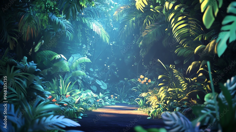 A Sunlit Path Through Lush Tropical Foliage A Sunlit Path Through Lush Tropical Foliage
