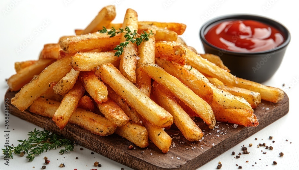 Crispy French Fries with Salt, Pepper and Thyme on a Wooden Cutting Board Crispy French Fries with Salt, Pepper and Thyme on a Wooden Cutting Board