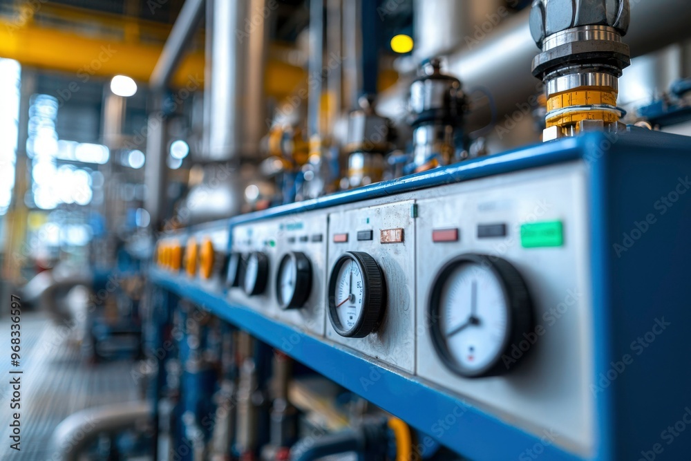 Fototapeta premium Industrial Control Panel with Gauges and Valves