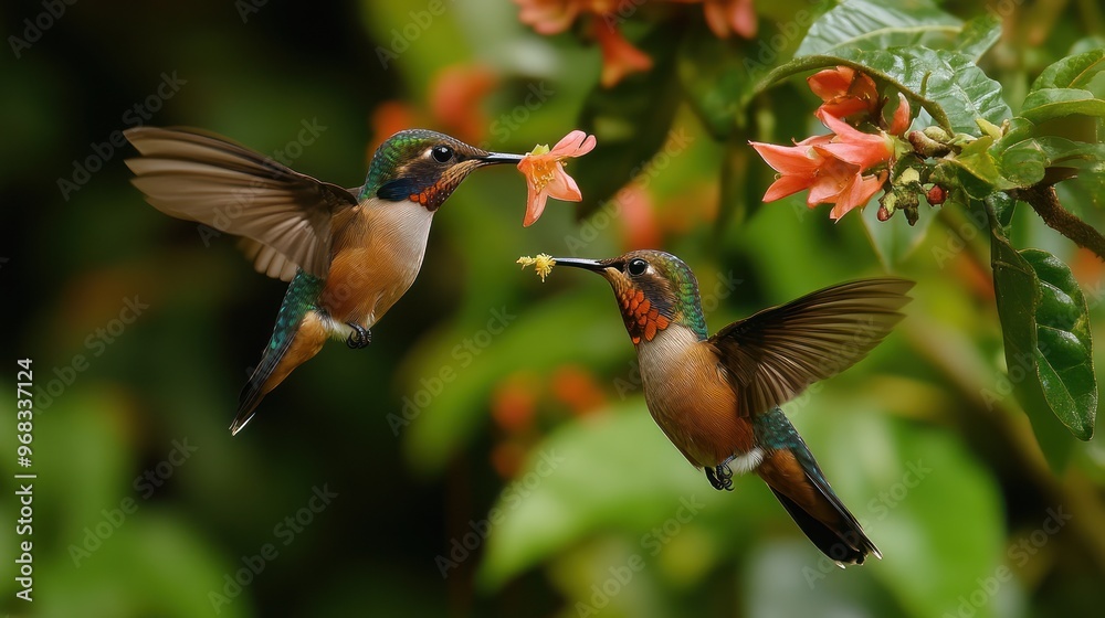 Fototapeta premium The charming Hummingbird feeds on sweet nectar from flowers
