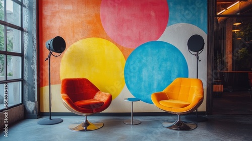 Contemporary podcast room with stylish chairs, abstract microphone stands, and a colorful mural that dominates the wall. The atmosphere is lively and professional, perfect for creative media productio photo