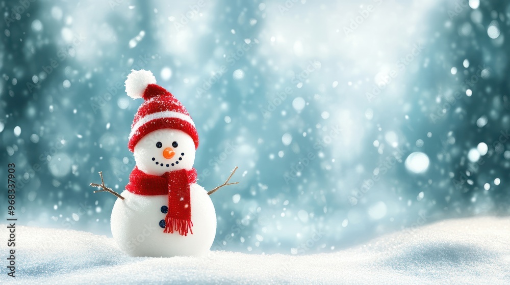 Happy snowman standing in christmas landscape Happy snowman standing in christmas landscape