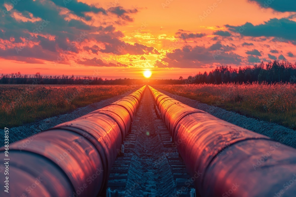 A Pipeline Leading Towards a Sunset in a Field A Pipeline Leading Towards a Sunset in a Field