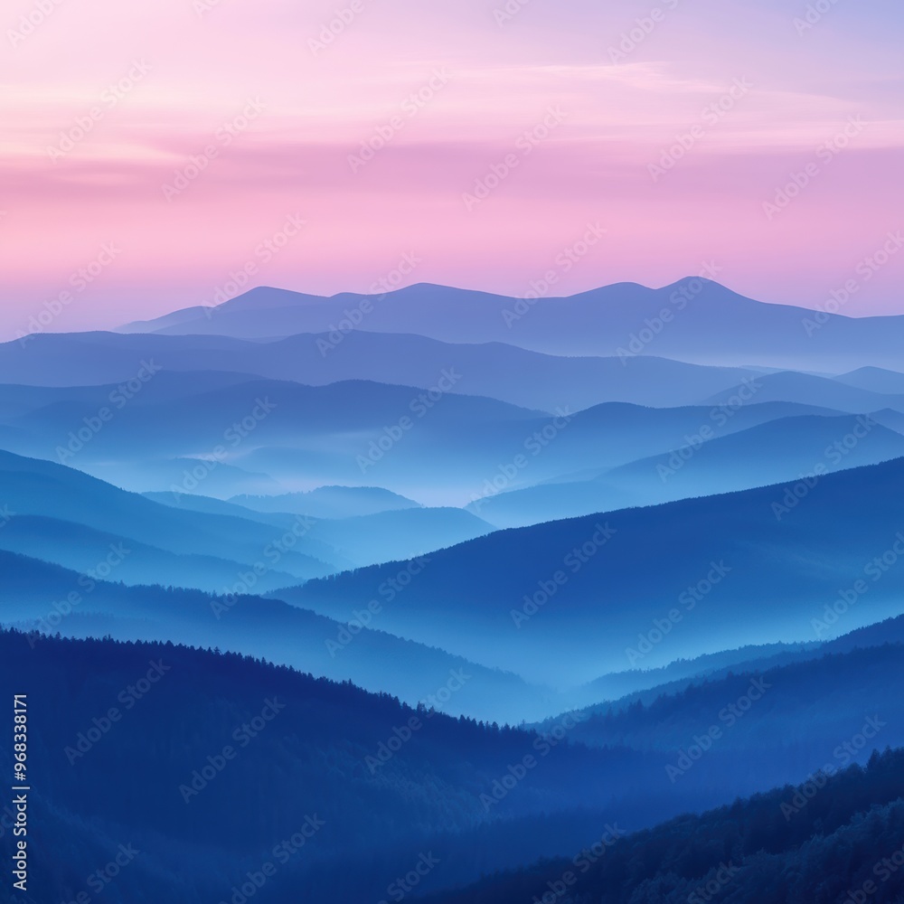 Obraz premium A serene mountain landscape at dawn, showcasing rolling hills and a tranquil mist, perfect for nature lovers and landscape enthusiasts.