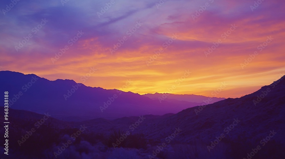 Obraz premium Mountain landscape at sunset with vibrant sky, serene scene. Nature and tranquility concept