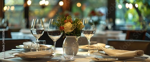 Elegant restaurant table setting with flowers and wine glasses. photo