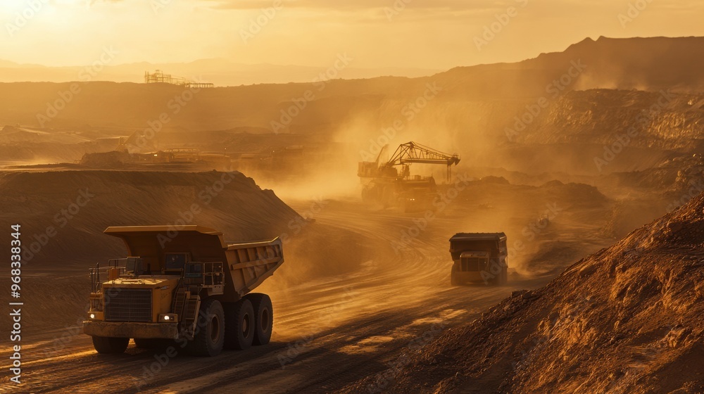 Fototapeta premium Heavy-duty trucks and bulldozers clearing paths in a mining area surrounded by dust