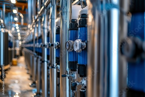 Close-up of a row of industrial water filtration systems