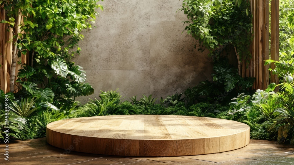A serene wooden podium surrounded by lush greenery and natural elements, perfect for events or presentations in nature. A serene wooden podium surrounded by lush greenery and natural elements, perfect for events or presentations in nature.