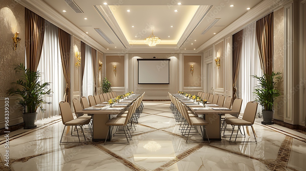 Fototapeta premium Plush hotel space set up for conferences and large meetings.