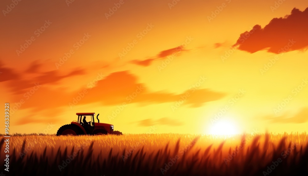 A silhouette of a tractor in a golden wheat field during a vibrant sunset, capturing the essence of agriculture and serenity. A silhouette of a tractor in a golden wheat field during a vibrant sunset, capturing the essence of agriculture and serenity.