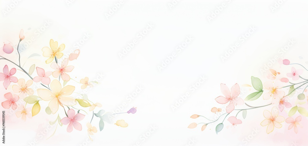 A soft, dreamy watercolor illustration featuring delicate flowers and leaves, perfect for invitations or background designs.