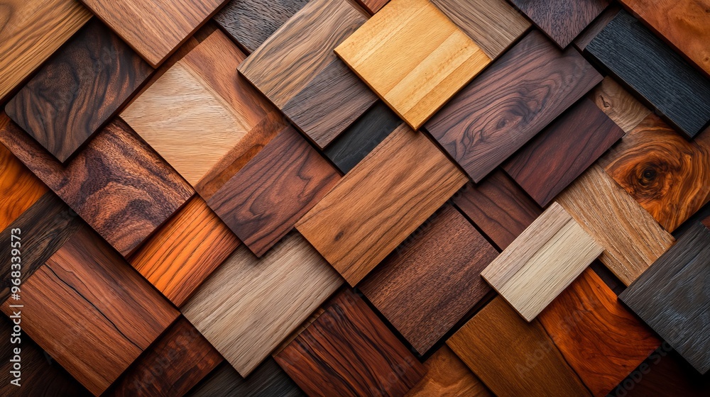 Artistic layout of matte pine and glossy walnut wood samples, arranged to emphasize texture differences, ideal for interior design inspiration