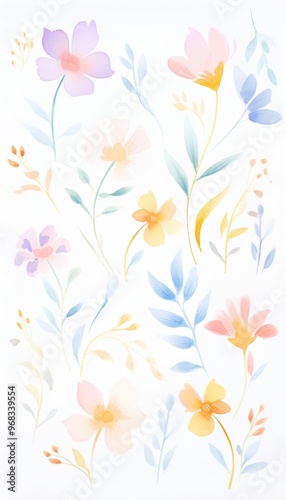 A soft, pastel floral pattern featuring delicate flowers and leaves, perfect for spring-themed designs and backgrounds.