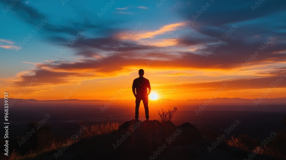 A solitary figure stands on a rock, silhouetted against a vibrant sunset, symbolizing contemplation and the beauty of nature. A solitary figure stands on a rock, silhouetted against a vibrant sunset, symbolizing contemplation and the beauty of nature.