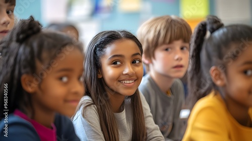 A heartwarming stock photo of a diverse group of students in a classroom, with a teacher guiding them through a lesson.