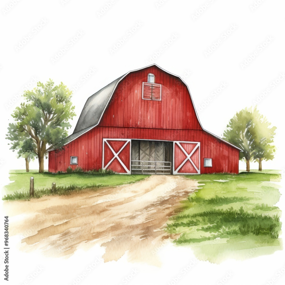 Obraz premium Beautiful Red Barn Illustration on Rural Farm with Trees and Dirt Path