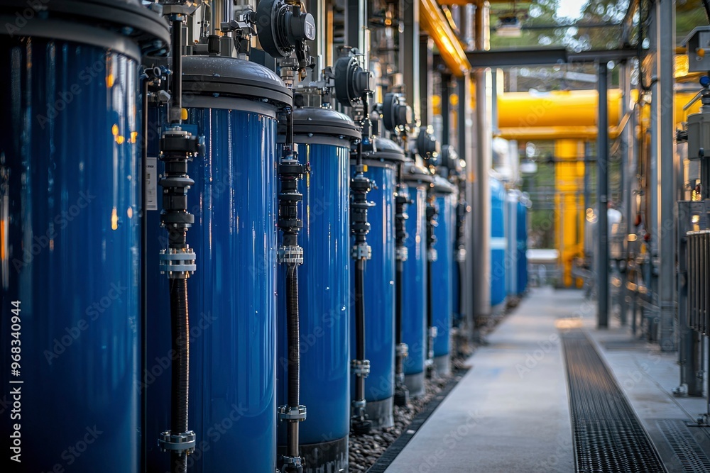 Industrial Water Treatment System with Blue Tanks and Piping Industrial Water Treatment System with Blue Tanks and Piping