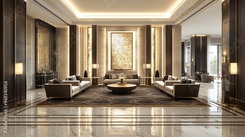 Stylish and modern lobby of a five-star hotel, adorned with premium furnishings.