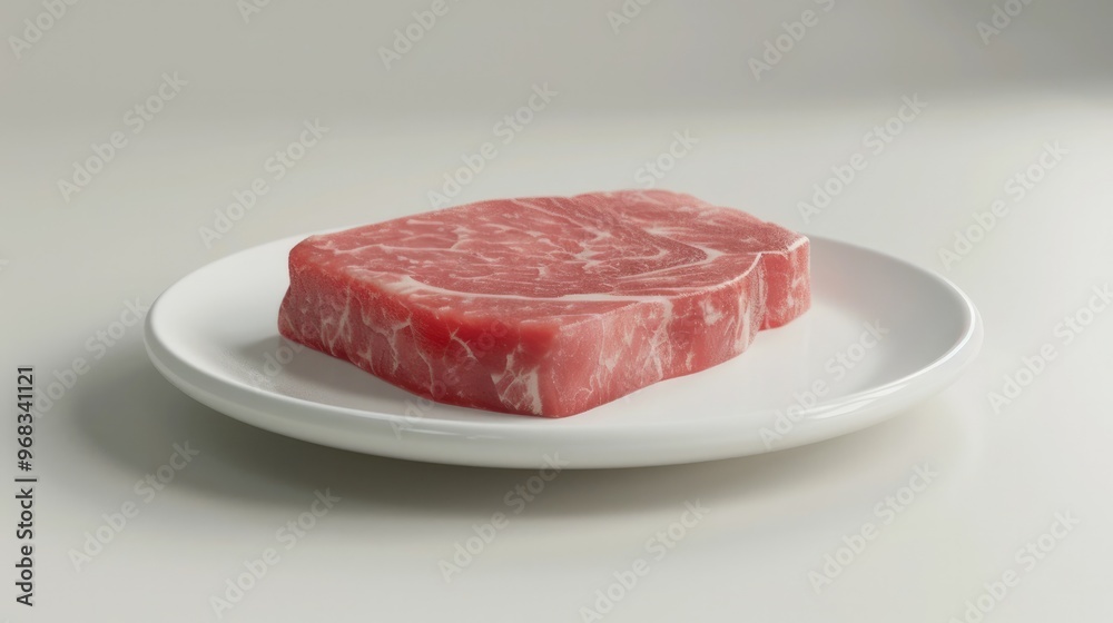 Closeup of a raw juicy red meat steak slice placed on a white ceramic plate against a simple minimalist white background The beef cut is showcased in a clean elegant food photography style Closeup of a raw juicy red meat steak slice placed on a white ceramic plate against a simple minimalist white background The beef cut is showcased in a clean elegant food photography style