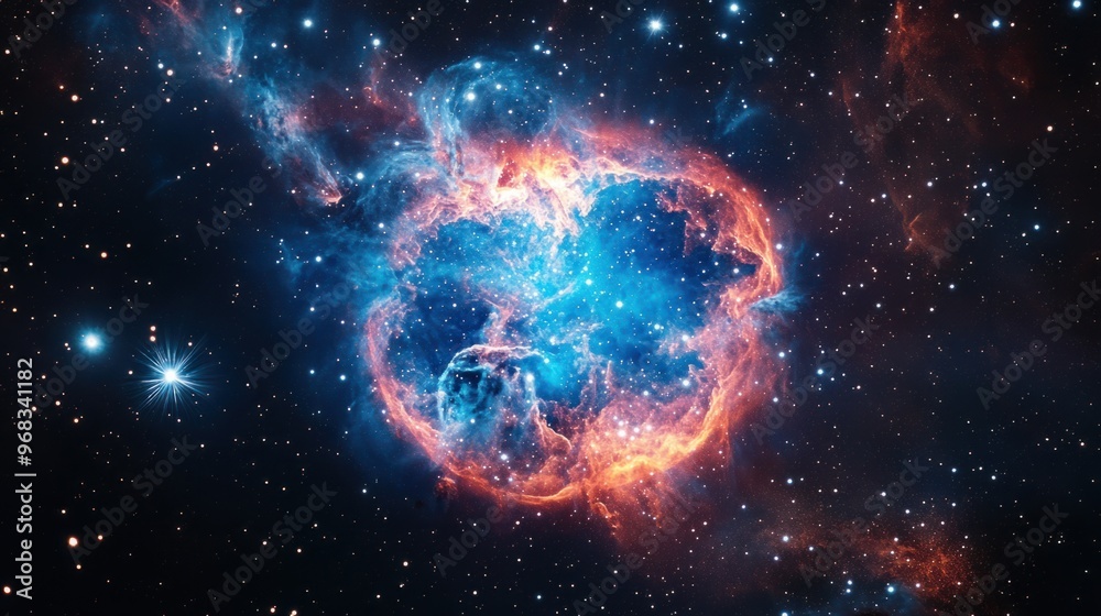 A glowing planetary nebula with vivid blue and red hues, surrounded by a field of stars. A glowing planetary nebula with vivid blue and red hues, surrounded by a field of stars.