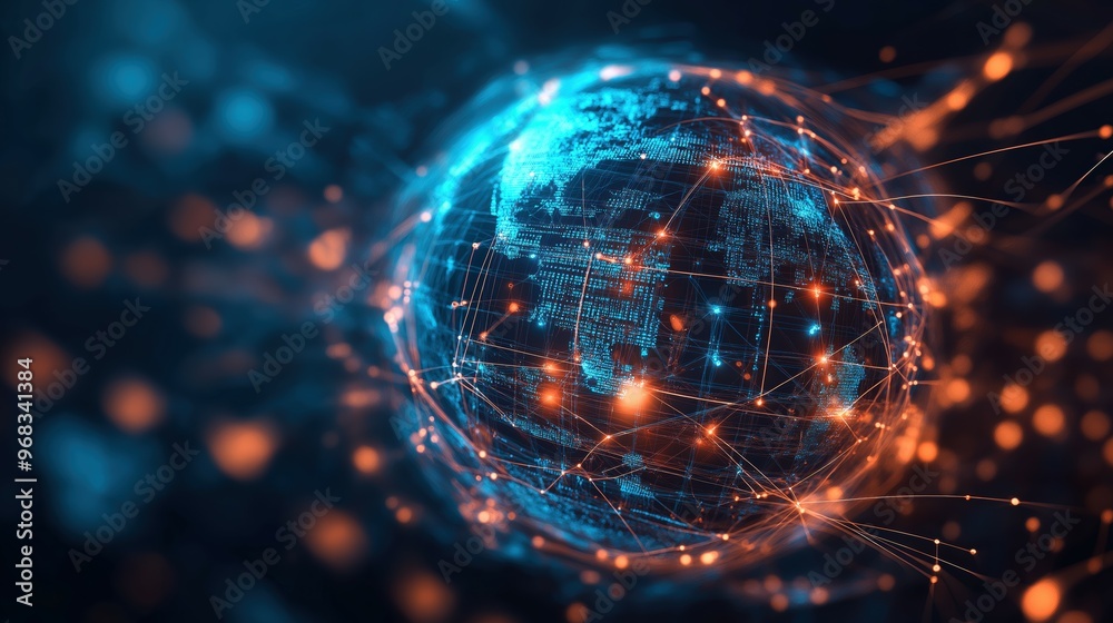 Obraz premium Futuristic Holographic Globe Interconnected with Digital Network. Global Technology Visualization Concept.