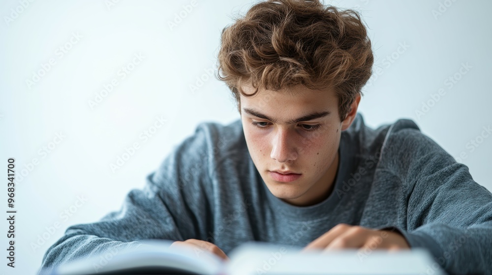 Medium shot of a focused student, their brow furrowed in concentration as they study intently, isolated on a white background Medium shot of a focused student, their brow furrowed in concentration as they study intently, isolated on a white background
