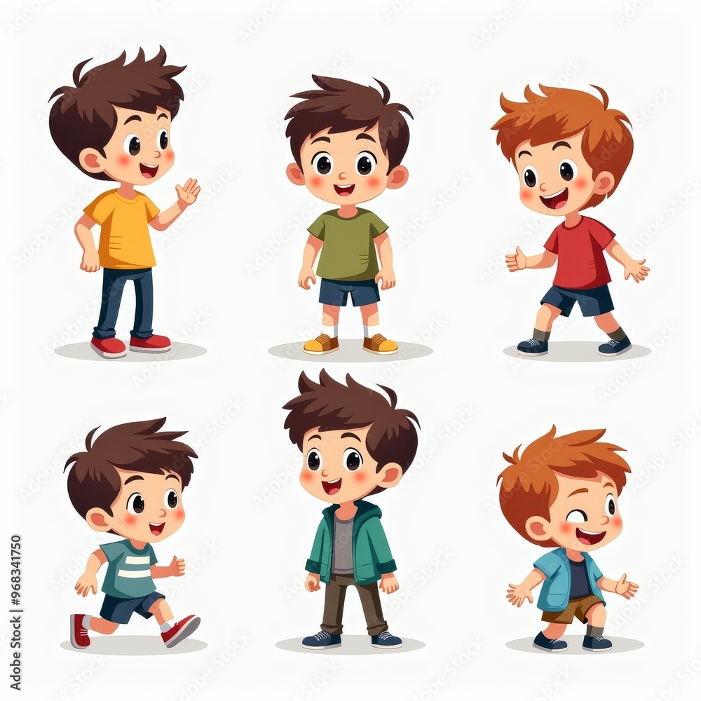 Cartoon Illustration of Happy Little Boys in Different Outfits and Poses Cartoon Illustration of Happy Little Boys in Different Outfits and Poses