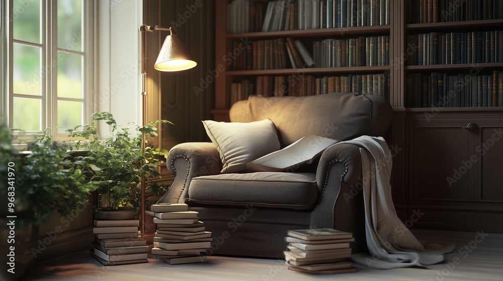 Cozy reading nook with armchair, bookshelves, and potted plants by a sunlit window in a serene home library Cozy reading nook with armchair, bookshelves, and potted plants by a sunlit window in a serene home library