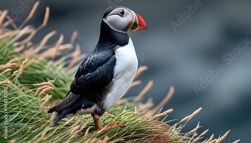 Atlantic puffin perched on Noss Islands rugged shores photo