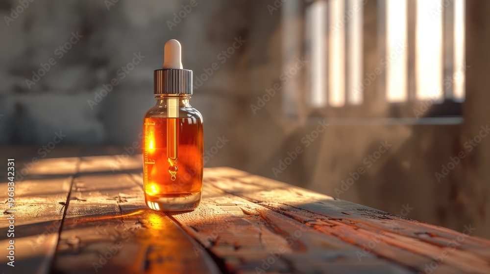 Closeup of a beautiful glass bottle filled with orange colored organic skincare serum or essential oil on a rustic wooden table illuminated by natural sunlight streaming in from a window Closeup of a beautiful glass bottle filled with orange colored organic skincare serum or essential oil on a rustic wooden table illuminated by natural sunlight streaming in from a window