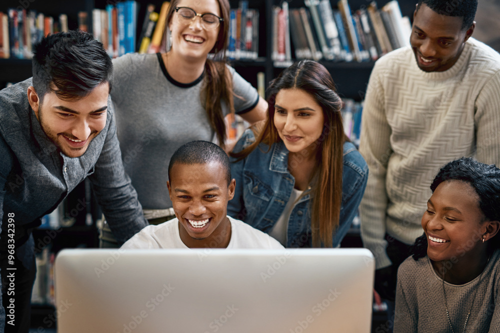 Students, computer and happy in library for college, study and education with exam collaboration. People, learning and diversity on university campus for research project, scholarship and math course Students, computer and happy in library for college, study and education with exam collaboration. People, learning and diversity on university campus for research project, scholarship and math course