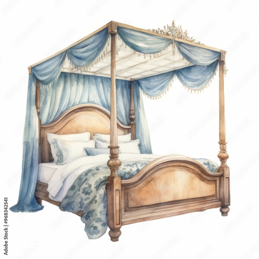 Elegant Four-Poster Bed with Drapes, Watercolor Illustration of Luxurious Bedroom Decor Elegant Four-Poster Bed with Drapes, Watercolor Illustration of Luxurious Bedroom Decor