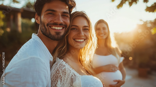 happy smiling couple in foreground, pregnant woman surrogate mother with big belly in background, surrogacy, pregnancy, motherhood, man, woman, future parents, family, expecting baby