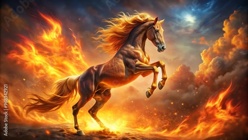 A blazing horse stands tall, its fiery mane and coat shimmering as it rears against a radiant, iridescent