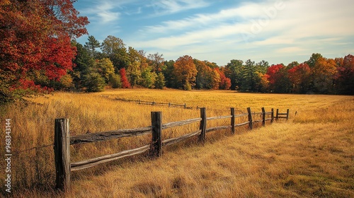 A wooden fence stretches across a field of golden grass, with vibrant fall foliage in the background.