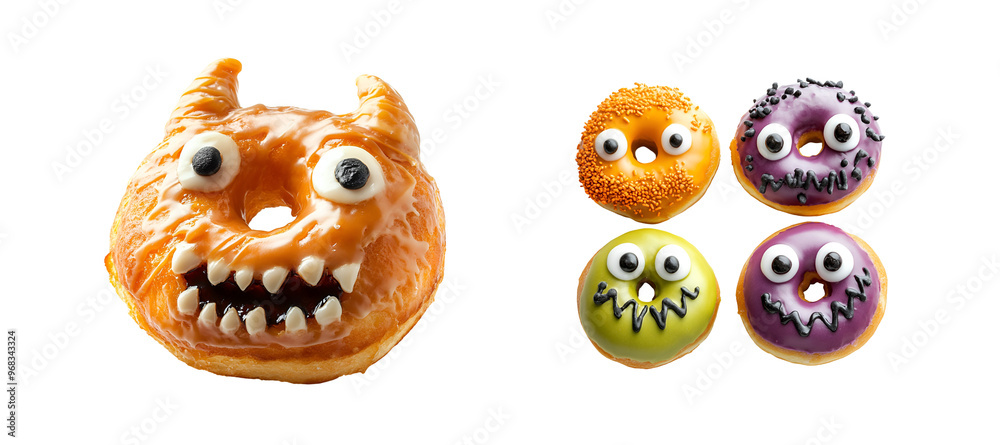 Playful and Scary Donuts: Fun and Fright with Halloween Monster Heads, Isolated on Transparent Background, PNG Playful and Scary Donuts: Fun and Fright with Halloween Monster Heads, Isolated on Transparent Background, PNG