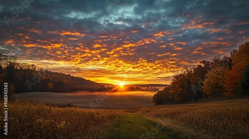 Stunning sunrise over a field with colorful clouds and autumn trees.