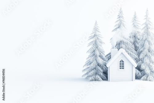 A serene winter scene featuring a cozy white house surrounded by snow-covered trees, evoking a peaceful and chilly atmosphere.