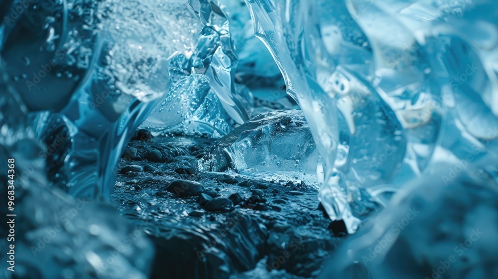 Obraz premium Fragments of blue glacial ice on a massive iceberg in Nordic regions, featuring vast ice caves filled with frosty blocks that create a captivating Arctic scenery. Stunning icy structures within the