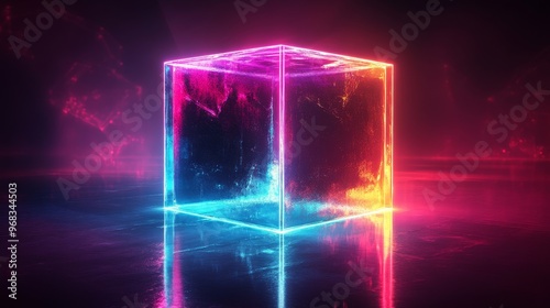 Abstract cube with sharp light and deep shadow, geometric design, vibrant neon lighting, Double exposure silhouette with glowing cube