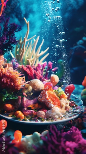 Extreme close-up of a colorful coral reef blending into a gourmet dish photo