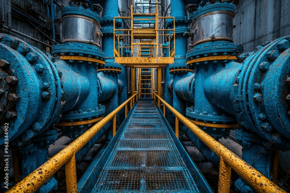 Industrial Pipeline Walkway with Yellow Handrails and Blue Pipes Industrial Pipeline Walkway with Yellow Handrails and Blue Pipes